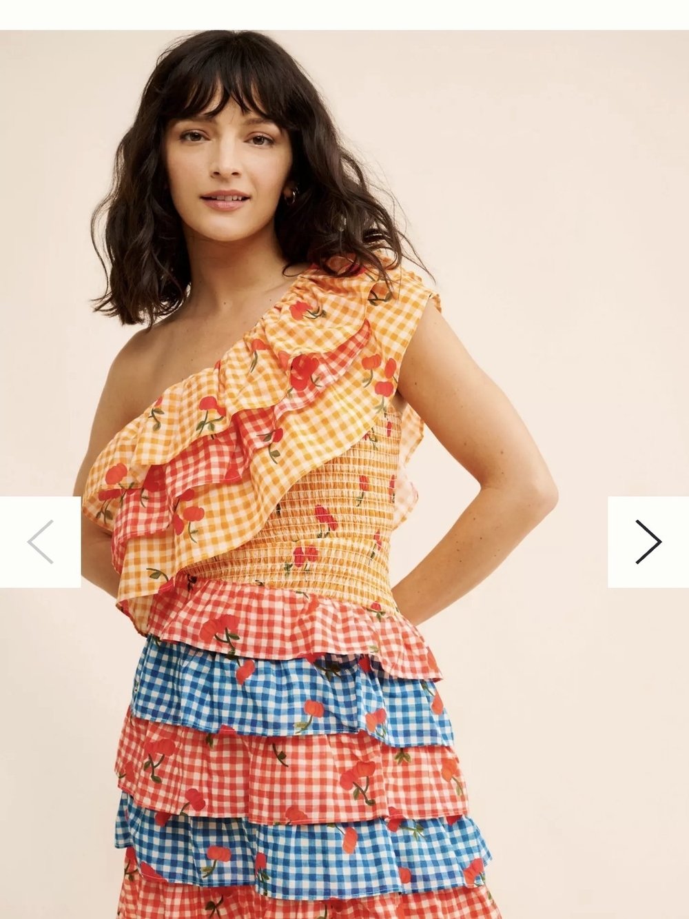 FARM Rio Multi-Color One-Shoulder Ruffle Gingham Dress
